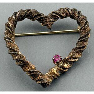 Vintage Les Bernard Brooch Sterling Silver Heart Brooch Ruby Accent Textured Mod